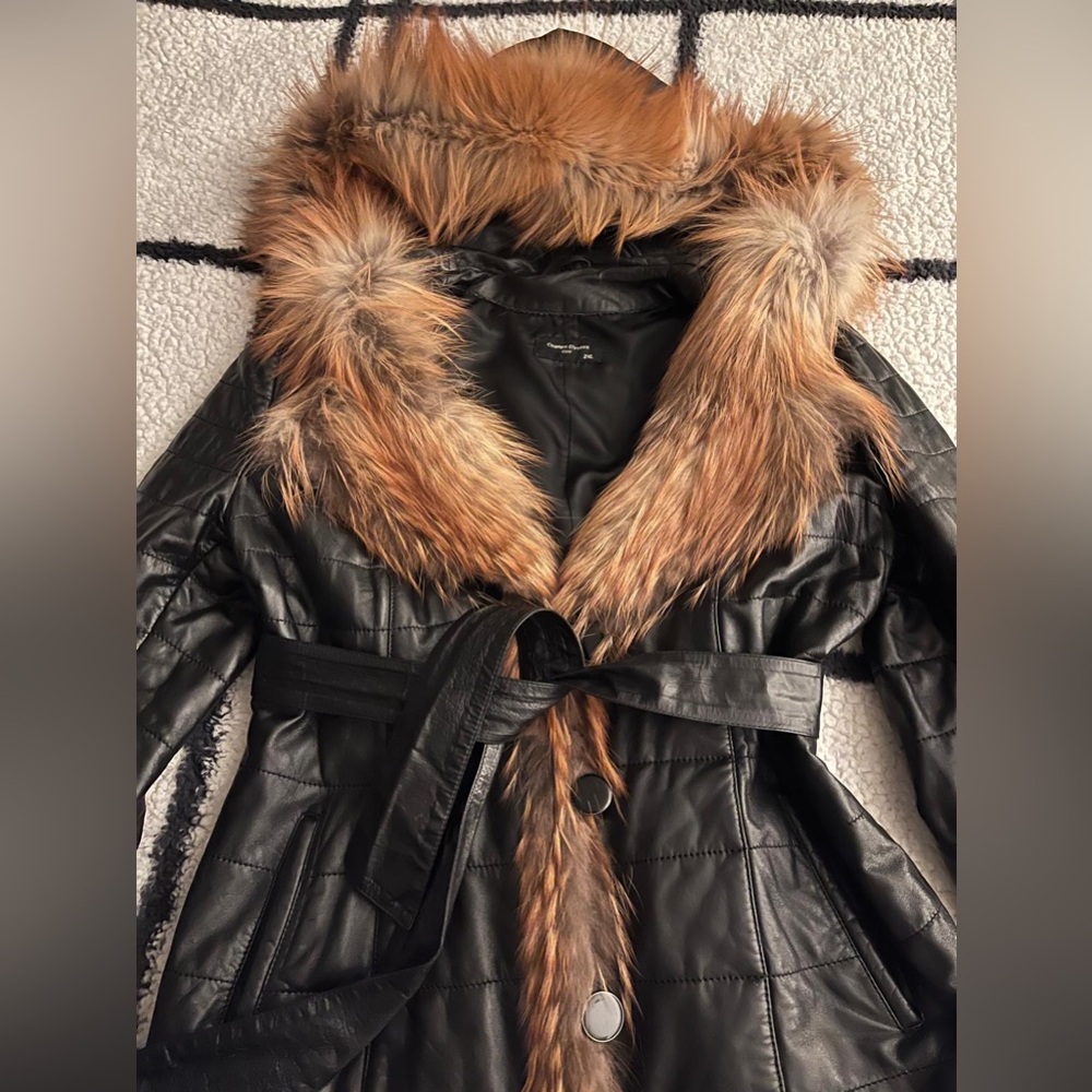 Leather jacket with furry collar and sash tie